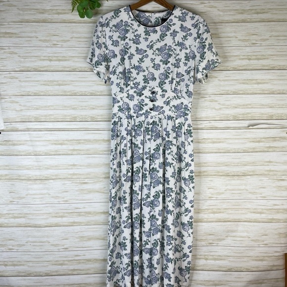 Vintage 80’s Whirlaway Cottagecore Blue Rose Print Button Waist Maxi Dress - Picture 2 of 7